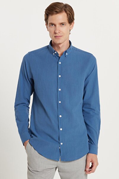 Tudors Erkek Slim Fit Dar Kesim %100 Pamuk Keten Doku Düğmeli Yaka Koyu Petro...