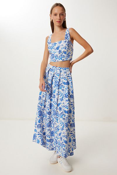 Lovelyİstanbul Patterned Crop Blouse Skirt Woven Suit Lub0130 Blue Ecru