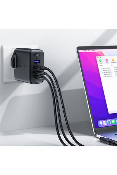 Acefast 2w1 Kabel i szybka ładowarka sieciowa GaN wtyczka angielska UK 100W PD 3x USB-C USB czarna