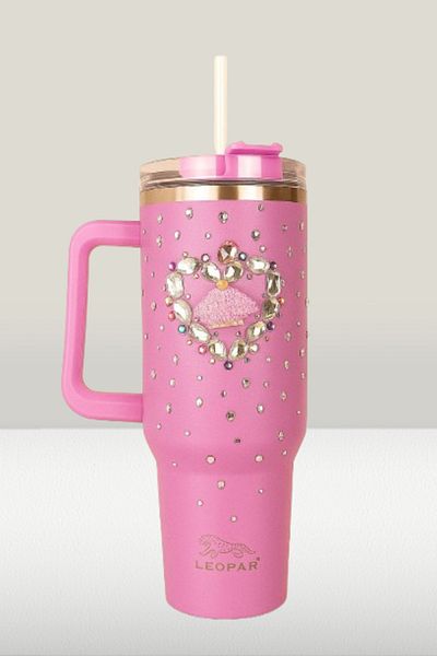 Elista 1.2 Liter Steel Thermos with Straw and Handle Pink with Stone Embroidered on Color