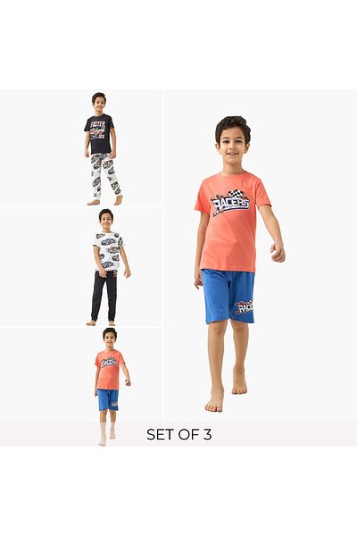 Juniors Printed Crew Neck T-shirts and Pyjamas - Set of 3