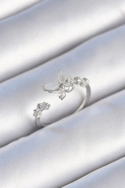 ALFA AKSESUAR 03 Brass Silver Color Zircon Stone Detailed White Enameled Butterfly Model Women's Ring - Tj-Byk3433
