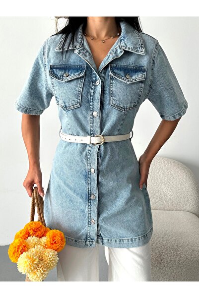 DESTEMODA Women's Shirt Collar Denim Tunic Front Two Pockets Tunic Blue 4507