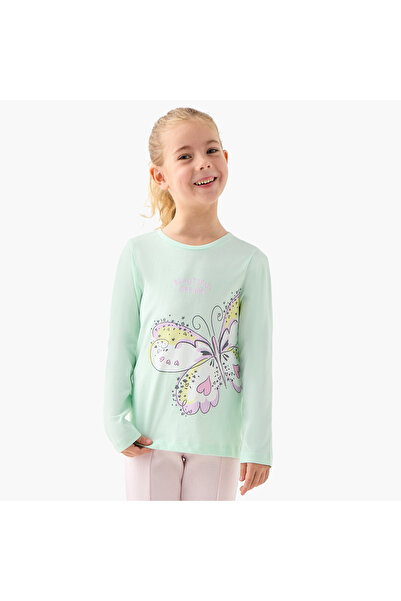 Juniors طقم بيجاما مطاطي مع تي شيرت بأكمام طويلة وطبعة فراشات