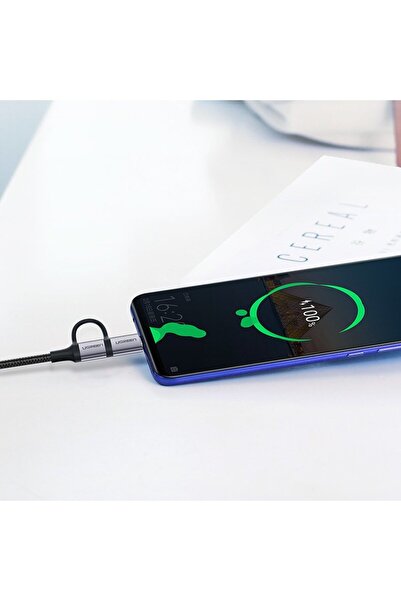 Ugreen Cablu 2 în 1 cu împletitură puternică USB - microUSB + USB-C 1 m 2.4A negru