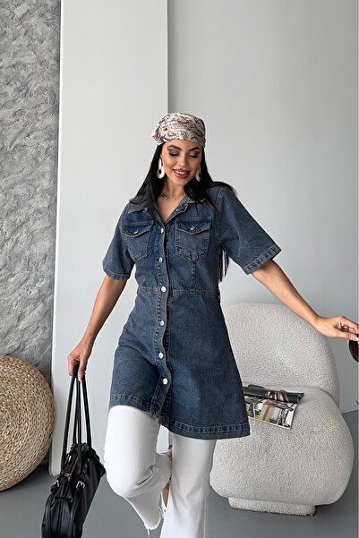 DESTEMODA Women's Shirt Collar Denim Tunic Front Two Pockets Tunic Brown Tint 4507