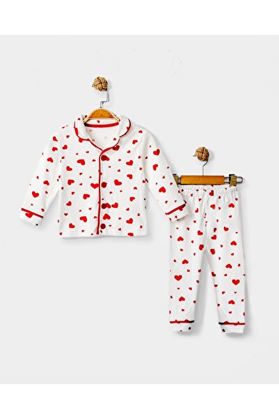 Kız Çocuk Pijama Takımı 3-6 Yaş – Kalp Desenli Uzun Kollu Düğmeli 2’li Takım (Üst + Alt)