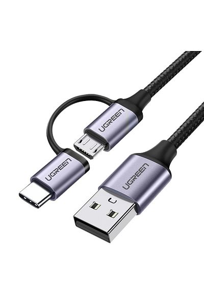 Ugreen 2w1 Kabel przewód w mocnym oplocie USB - microUSB + USB-C 1m 2.4A czarny
