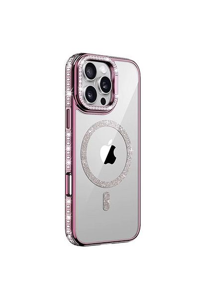REDz Accessories Carcasă Crystal MagSafe, suport pentru cameră, iPhone 16 Pro Max, pietre și sclipici, roz