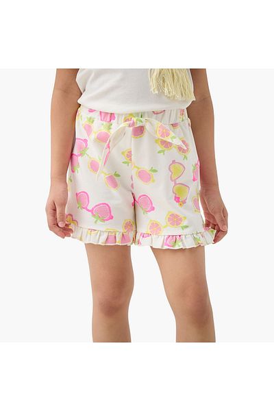 Juniors Graphic Print Shorts with Drawstring Closure and Ruffle Hem