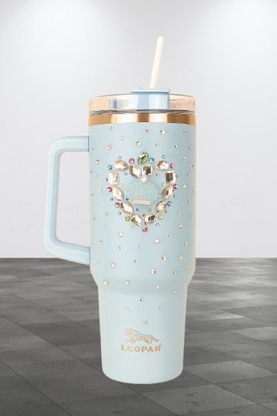 Elista 1.2 Liter Steel Thermos with Straw and Handle Colorful Stone Embroidered Bebe Blue