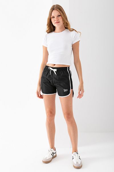 GİYSA Women's Adjustable Waist Ribbon Embroidered Swim Shorts Black - 25Y 5402