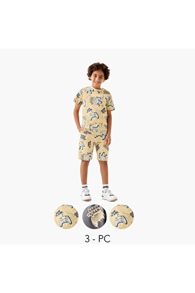 Juniors طقم تيشيرتات وشورتات مطبوعة برسومات اللاعبين، مكون من 3 قطع