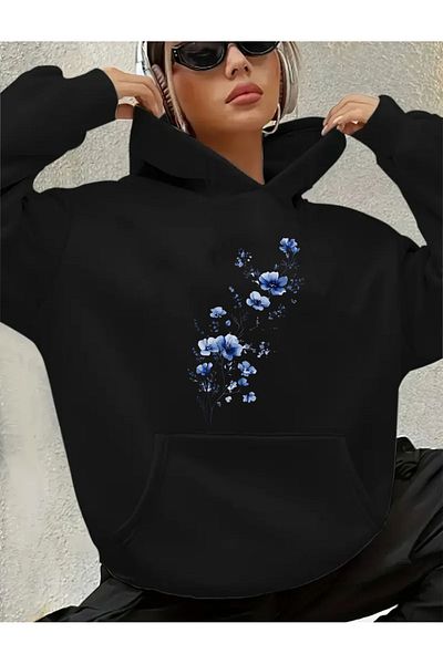 herkesemoda Суитшърт с качулка и син флорален принт
