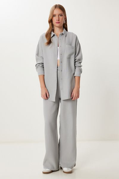 Lovelyİstanbul Oversize Muslin Shirt Trousers Set Lsa0014 Gray
