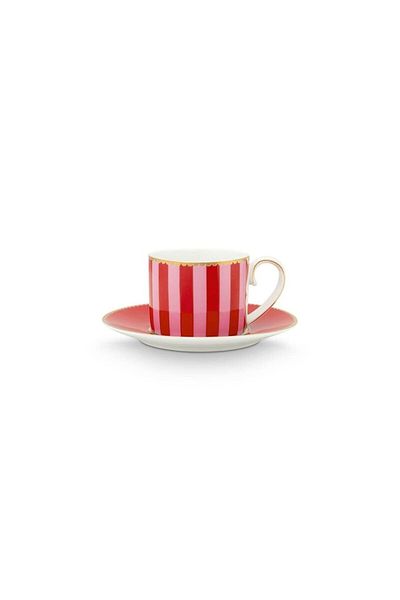 Pip Studio Cană Espresso Cu Farfurioară, , 125ml, Stripes Red And Pink, Colecția Love Birds
