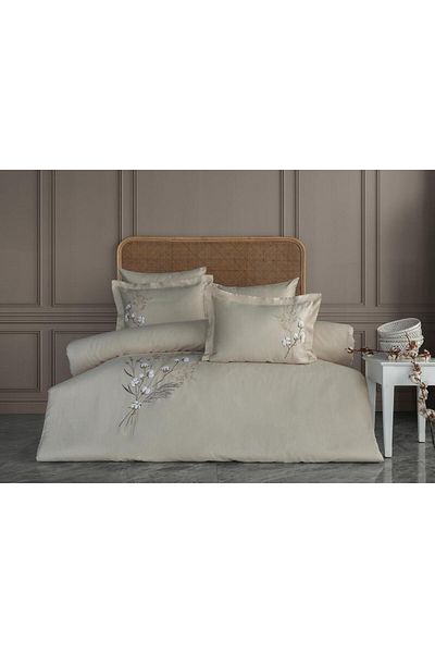 Dantela Moneda Embroidered Double Cotton Satin Duvet Cover Set - Beige