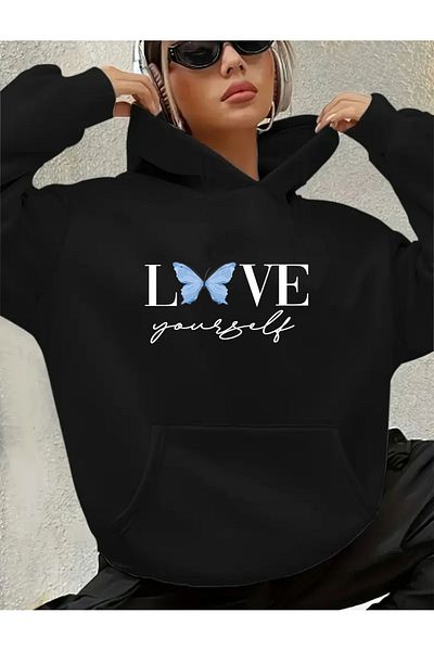 herkesemoda Love Yourself Detailed Hooded Sweatshirt