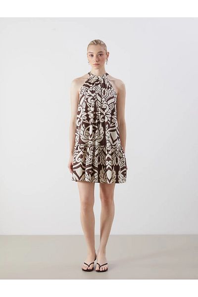 LC Waikiki Lcw Vision Brown Halter Neck Print Mini Dress