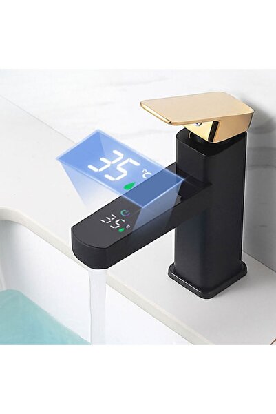 OEM Baterie lavoar montare chiuveta baie negru - auriu, cartus ceramic, display digital temperatura