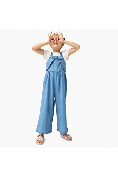 Juniors Solid Dungaree and Ribbed T-shirt Set
