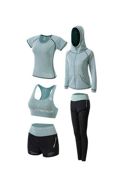 fun zone 5-Piece Gym Running Sport Yoga Bra Shorts Pant Trousers Top Coat Tracksuit Green