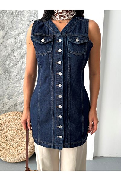 DESTEMODA Women's Denim Tunic Long Buttoned Two Pocket Denim Vest Dark Blue 4506