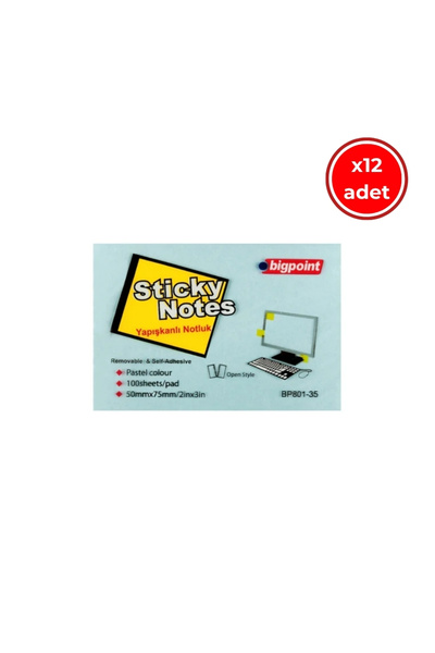 Bigpoint Клейкі нотатки, 12 штук, 75x50 мм, сині, 100 аркушів