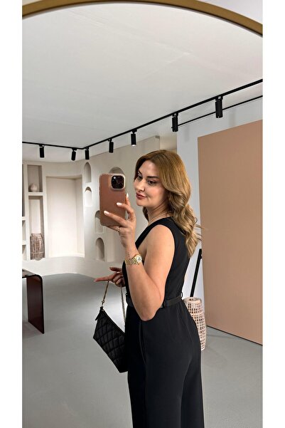 Sezgi Tekin Premium Seri V Yaka Kemerli Siyah Krep Tulum