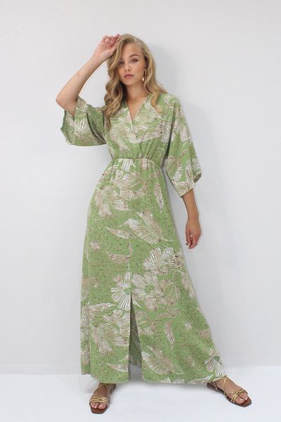 VAGGON Double Breasted Collar Elastic Waist Bat Sleeve Slit Detailed Maxi Dress