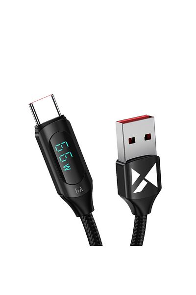WOZINSKY Kabel przewód USB-A - USB-C z wyświetlaczem LED 66W 6A 2m czarny