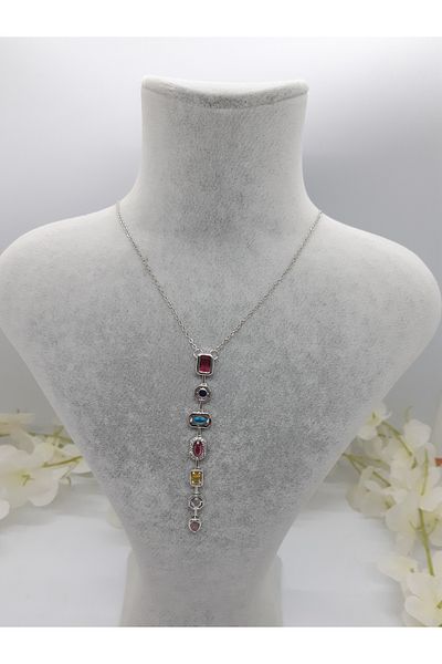 michelle takı zerafetin yeni adresi Colored Stone Steel Y Model Necklace(M2)