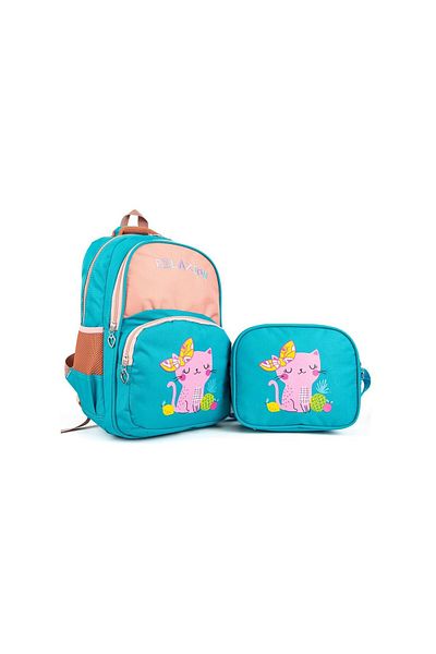 GENC DIJITAL BASKI Elementary School Backpack with Cat Figure and Lunch Bag Turquoise
