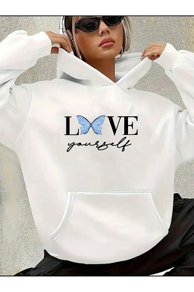 herkesemoda Love Yourself Detailed Hooded Sweatshirt
