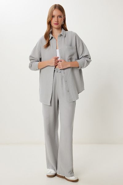 Lovelyİstanbul Oversize Muslin Shirt Trousers Set Lsa0014 Gray