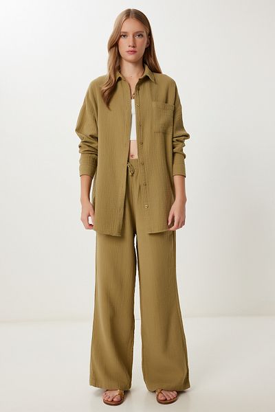 Lovelyİstanbul Oversize Muslin Shirt Trousers Set Lsa0014 Olive Green