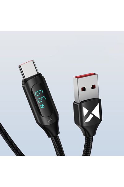 WOZINSKY Kabel przewód USB-A - USB-C z wyświetlaczem LED 66W 6A 2m czarny