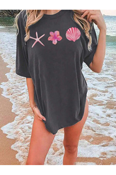 MOONBULL Дамска тениска с голям принт на морска звезда, цвете и стрида