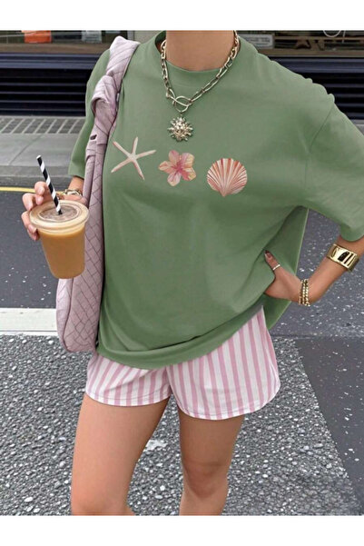 MOONBULL Γυναικείο μπλουζάκι Oversize με στάμπα Αστερία, Λουλούδι και Στρείδια