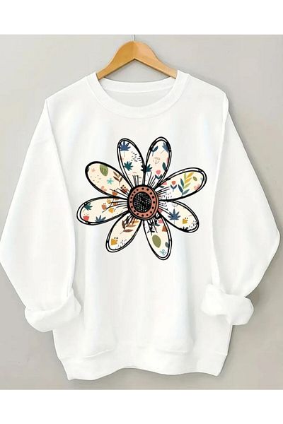 herkesemoda Hanorac cu fleece în interior cu decolteu cu imprimeu floral