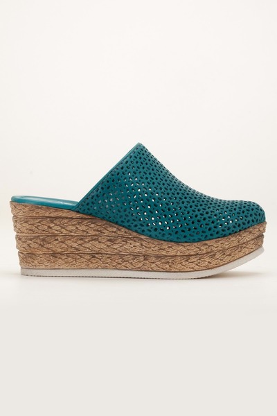 ANALİN SHOES Women's Genuine Leather Closed Toe Wedge Heel Slippers - Ocean Depths