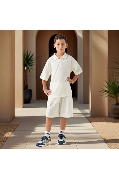 ELIGO Textured Polo T-shirt and Shorts Set