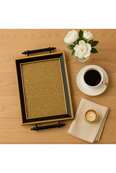 NazeL Store Parlak Altın Simli Yüzeyli Tepsi Sunum Ve Servis Tepsisi 38x22