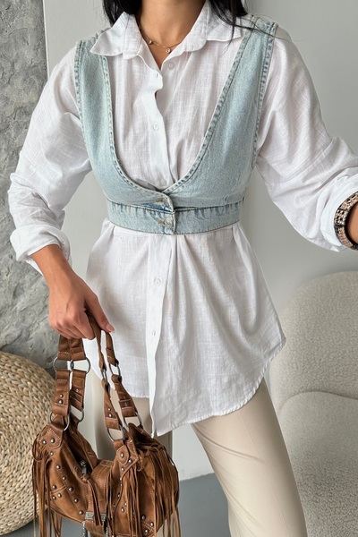 DESTEMODA Жіночий джинсовий бюстгальтер, короткий, з ґудзиками, блакитний 4513