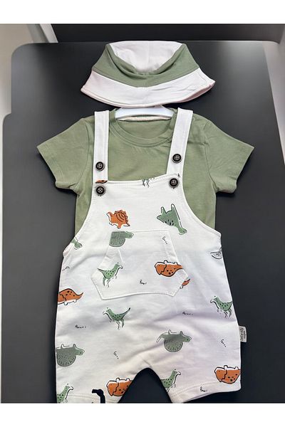 BEBENDY Baby Boy Dinosaur Detailed Hat Salopet Set 3 Pieces