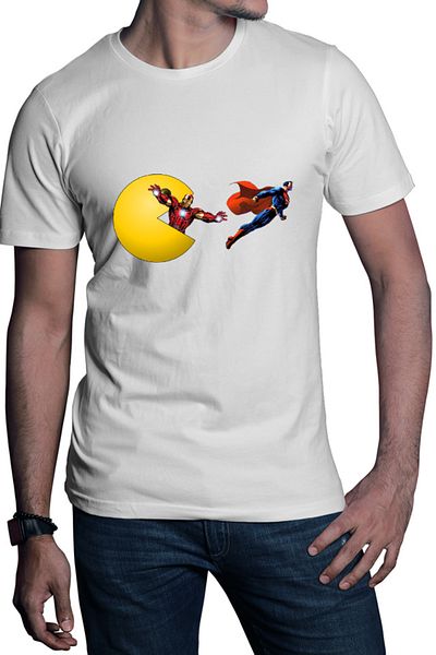 OEM Men's T-shirt Pac Man Iron Man Eat Superman Run Heroes Powers