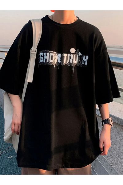 Pink Sky Unisex Cotton Black Oversize "Show Troth" Printed Crew Neck Comfortable Casual T-Shirt