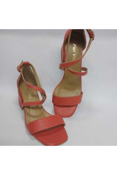 Mira Deri Genuine Leather Pomegranate Flower 6 cm Thick Heel Tape Women's Shoes