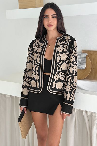 FEMELLE Jachetă elegantă cu mânecă lungă brodata cu model de flori negre pentru femei