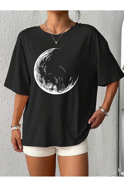 Pink Sky Unisex βαμβακερό μαύρο oversize "AY" με στάμπα με λαιμόκοψη άνετο καθημερινό μπλουζάκι